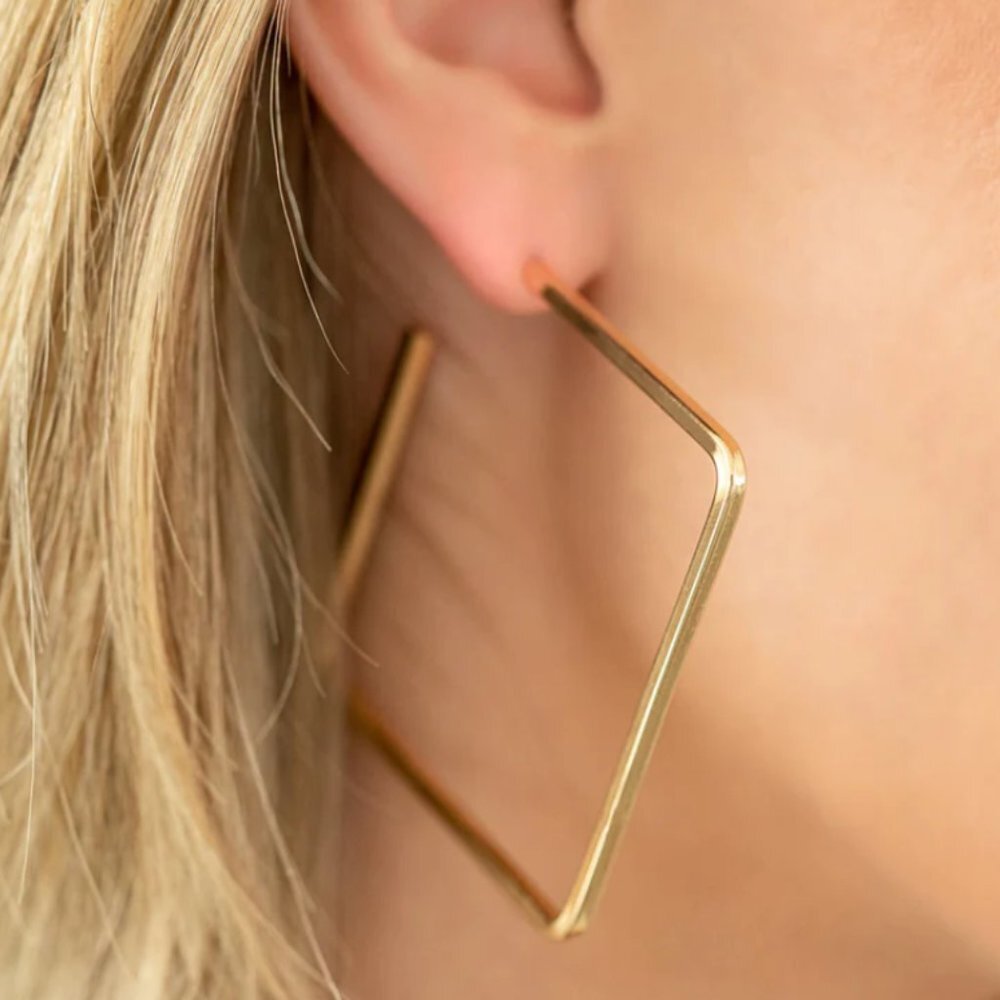 Gold Square Cut Out Hollow Hoop Earrings Dangle Earrings